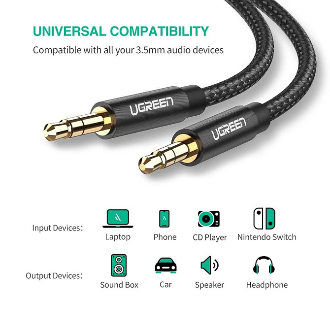 Аудіо кабель AUX 3.5 mm (miniJack) Ugreen AV112 (Чорний, 2м) Николаев - изображение 4