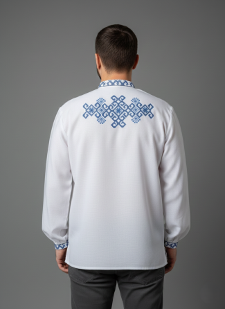 Мужская вышиванка Фламинго синий орнамент с вышивкой на спине Киев