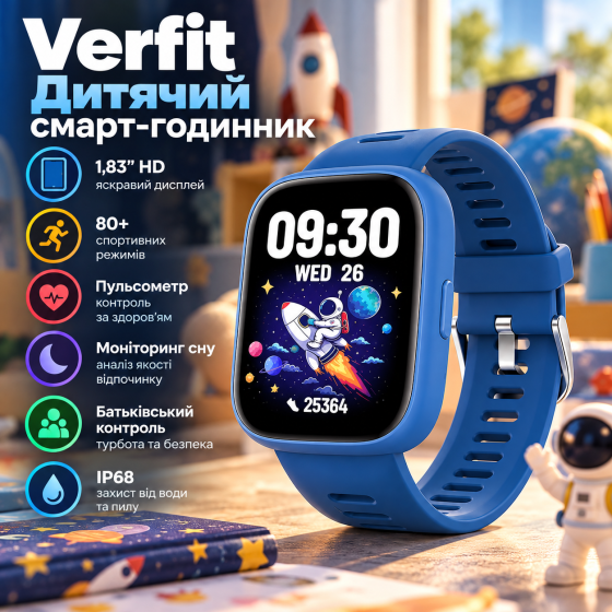 Дитячий смарт-годинник Verfit 1,83″ HD, 80+ спортивних режимів, пульсометр, моніторинг сну, батьківський контроль, IP68 Київ