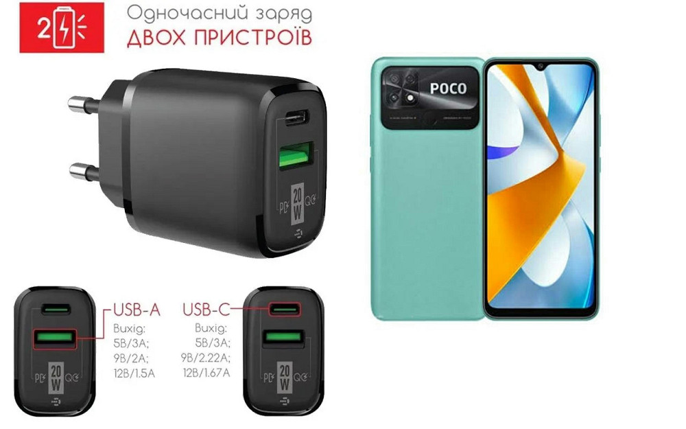 Мережевий зарядний пристрій для Poco C40, 20W 3A, Quick Charge 3.0 Київ - фото 1