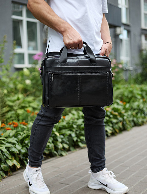 Чорна шкіряна чоловіча сумка для роботи та повсякденності Київ - фото 6