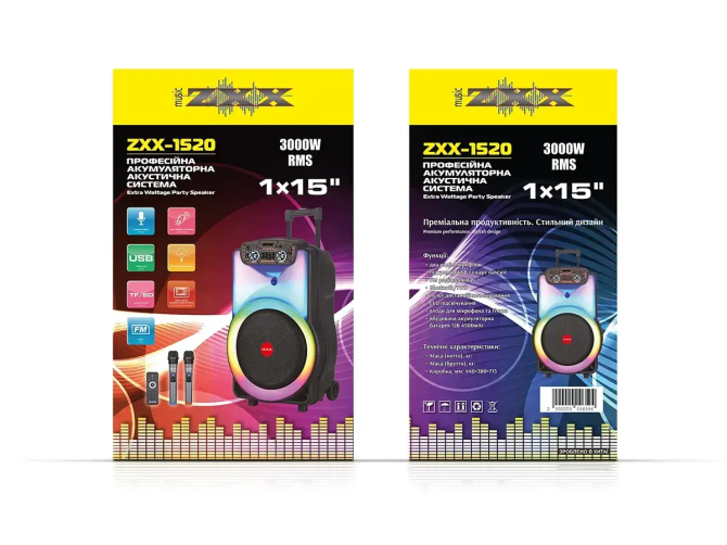 Портативна акустична колонка ZXX-1520 120Вт, 15" динамік, TWS/FM/USB/TF/BT/LED, 2 мікрофони, пульт Д Київ - фото 4