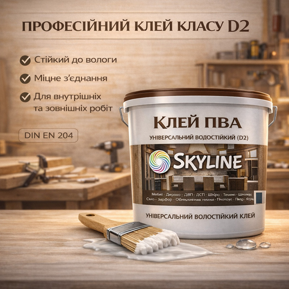 Клей ПВА D2 водостійкий SkyLine 1 кг — універсальний столярний клей для дерева, ДСП, МДФ і меблів Харків - фото 2