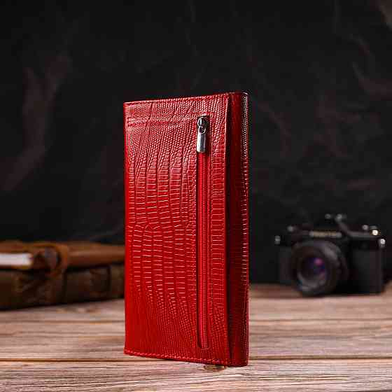 Фактурное женское портмоне из натуральной кожи с тиснением Красный (CANPELLINI) Киев