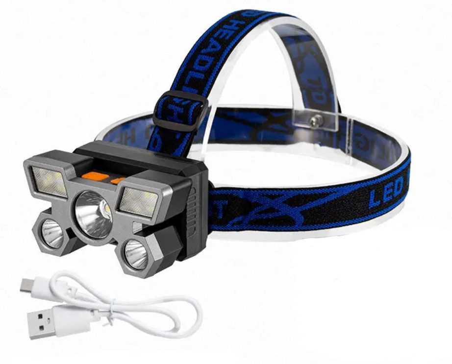 Налобный фонарик на аккумуляторе 5 led с зарядкой USB 4 режима черный Киев - изображение 1