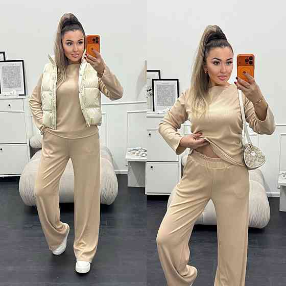 Жіночий базовий костюм-двійка: лонгслів і штани трикотажний рубчик Кремовий, 46/48 Одеса