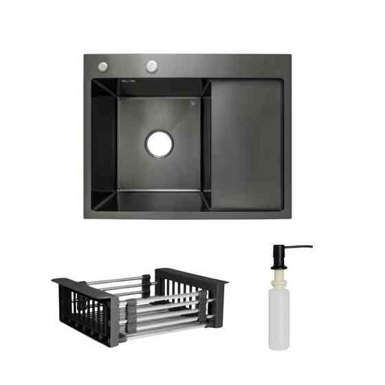 Комплект Lidz Handmade H6350BR Мойка для кухни интегрированная крыло справа BlackPVD в комплекте с дозатором + Киев