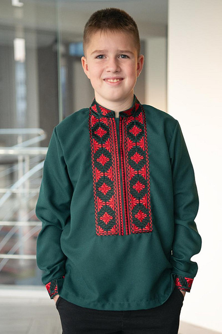 Вышиванка для мальчиков с длинным рукавом льняная изумрудная, топ топ 164 Киев - изображение 1