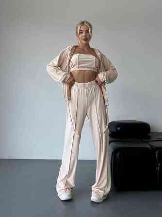 Женский прогулочный плюшевый костюм тройка: кофта топ и штаны велюр-плюш Бежевый, 46/48 Одесса