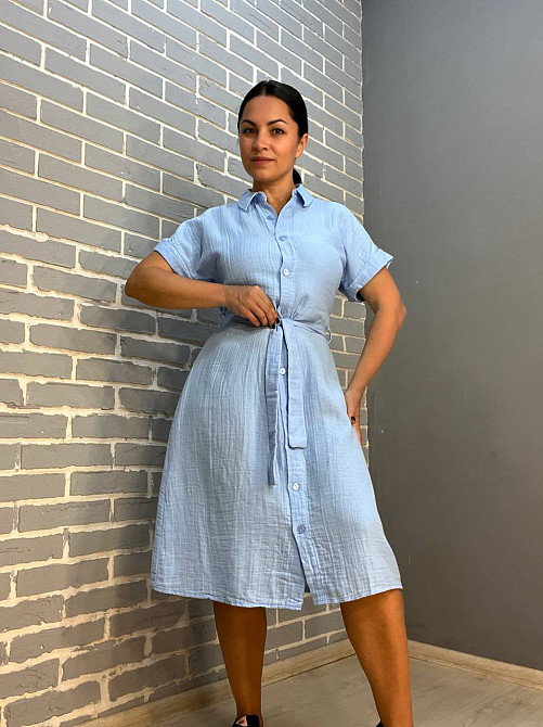 Платье женское Mix Ray 3972 из муслина на пуговицах с поясом голубое, голубой, L Киев - изображение 6