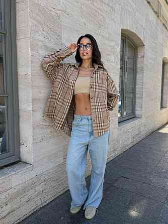 Женская теплая рубашка свободного кроя в клетку турецкая байка Бежевый, 42/44 Одесса