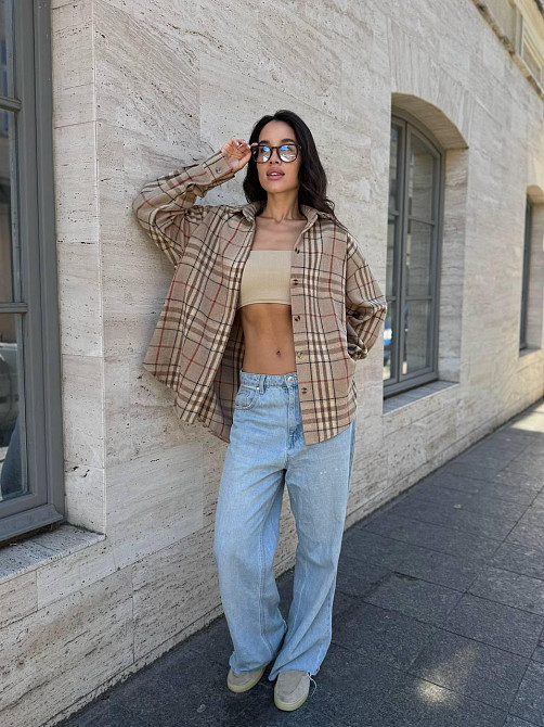 Женская теплая рубашка свободного кроя в клетку турецкая байка Бежевый, 42/44 Одесса - изображение 5