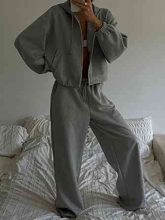 Женский базовый костюм двойка: кофта и брюки замша Серый Одесса