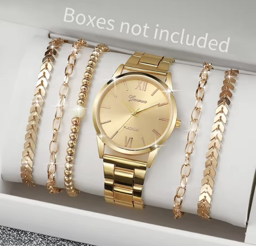 Подарунковий набір для жінок 1 наручний годинник з 5 браслетами без подарункової коробки золотий Київ - фото 1