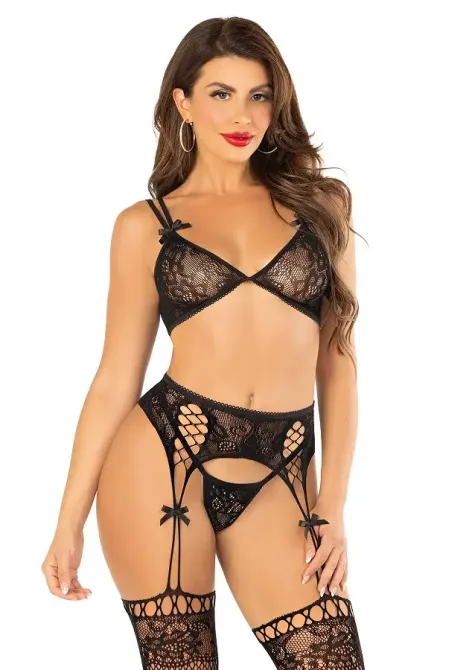 Комплект Leg Avenue Bra Top, String and Garter Belt Stockings One Size, Black Львів - фото 1