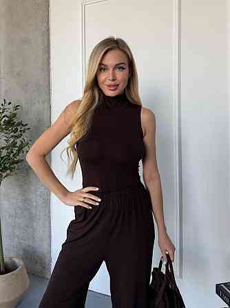 Женский базовый костюм двойка: топ американка и штаны палаццо вискоза Шоколадный, 40/44 Одесса