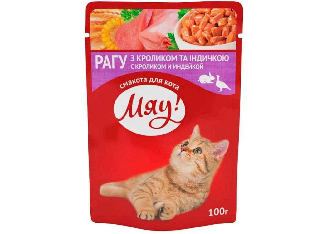 Консервированный корм Полнорационный для д/котов Рагу крол.та индюч. 100гр ТМ МЯУ Solmir Киев - изображение 1