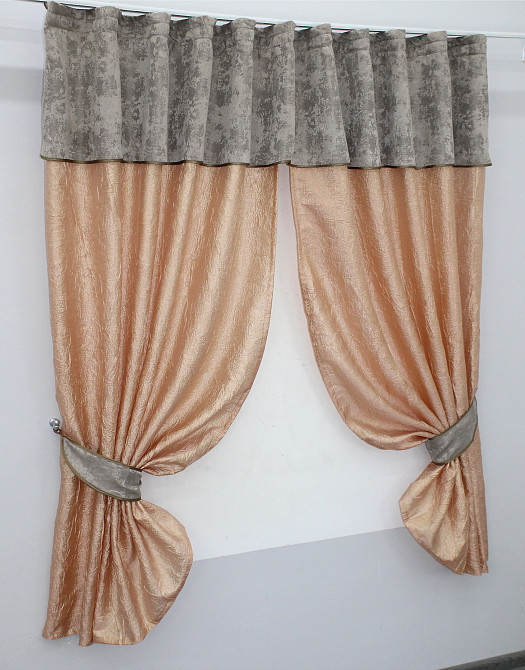 Кухонные шторы VR-Textil № 073к с ламбрекеном и подхватами персиковый с кофейно-серым 260х170 см (52-0163) Киев - изображение 2