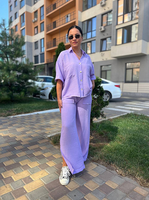 Костюм женский Mix Ray 4157 рубашка оверсайз брюки с разрезами побокам ровные от бедра сиреневый, сиреневый, L Киев - изображение 5