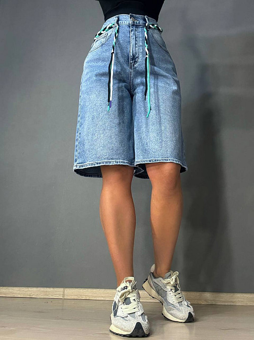 Шорты женские джинсовые Moss 787 бермуды с резинкой на поясе большие размеры голубые, голубой, З6, 36, 102 см, 126 см Киев - изображение 4