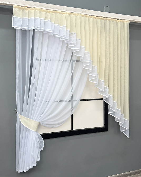 Кухонний комплект VR-Textil № 062к шторка з ламбрекеном Бежевий з білим 150х170 см (50-247) Київ - фото 2