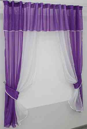Кухонные шторы VR-Textil № 090к с ламбрекеном и подвязками фиолетовый с белым 280х170 см (50-760) Киев