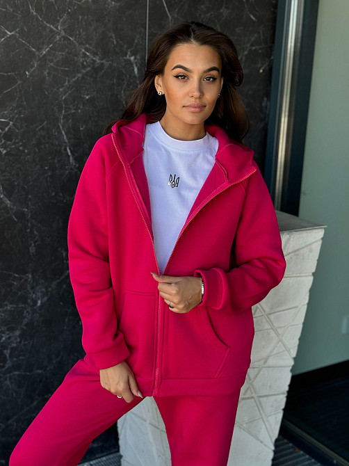 Жіночий спортивний костюм на флісі з кофтою на блискавці Малиновий 42/44 Харків - фото 2