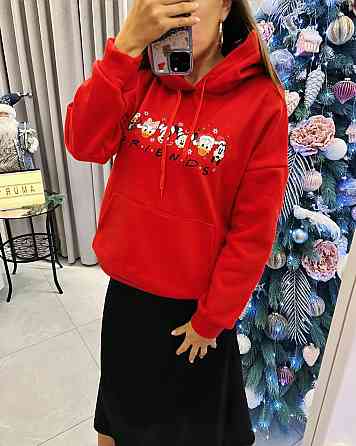 Женская теплая новогодняя худи оверсайз кроя трехнитка на флисе Красный, 48/52 Одесса