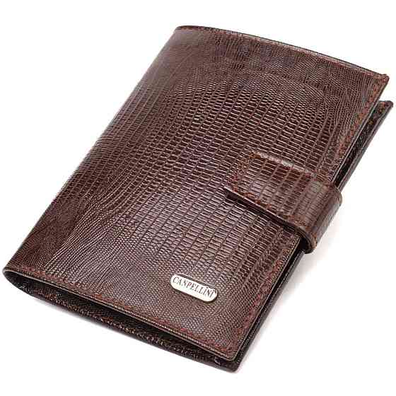 Оригінальне вертикальне чоловіче портмоне середнього розміру з натуральної шкіри з тисненням CANPELLINI 21734 Коричневе Київ
