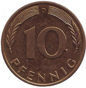 Дубове листя. Монета 10 пфенігів. 1989 рік (D), ФРН.(Г) Полтава - фото 1