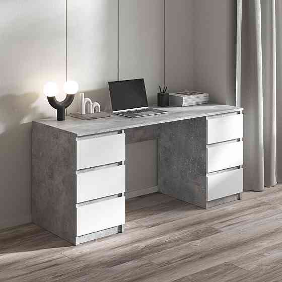 Комп'ютерний стіл VAYS, письмовий стіл з двома тумбами на 6 висувних ящиків з фасадами без ручок R-2 Бетон / Білий фасад Львів