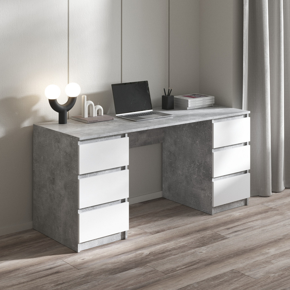 Комп'ютерний стіл VAYS, письмовий стіл з двома тумбами на 6 висувних ящиків з фасадами без ручок R-2 Бетон / Білий фасад Львів - фото 1