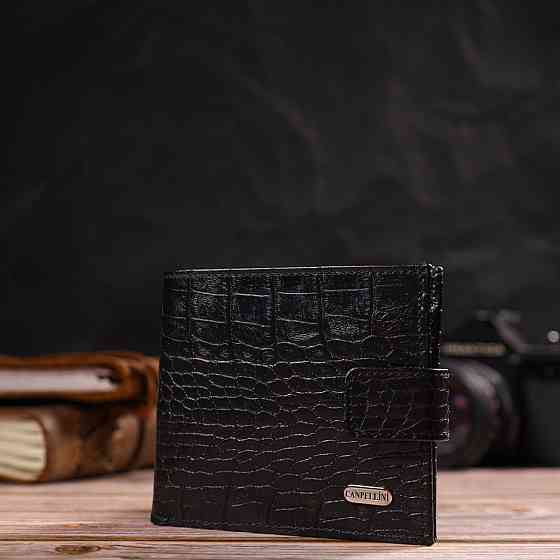 Чоловічий оригінальний гаманець горизонтального формату з натуральної шкіри з тисненням під крокодила CANPELLINI 21768 Чорний Київ