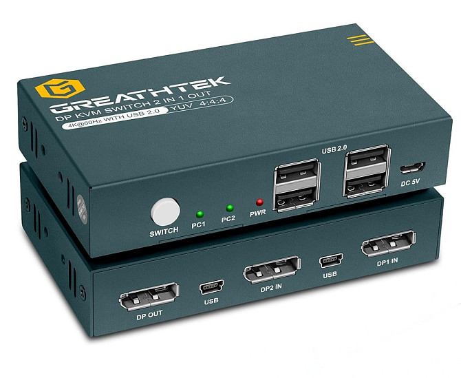 KVM перемикач GREATHTEK 2 Port 4K@60Hz DisplayPort - 4*USB 2.0 Switch Луцьк - фото 1