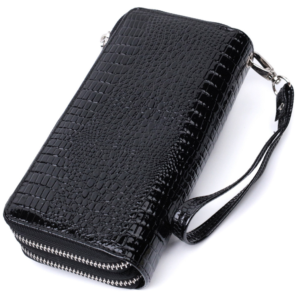 Стильний фактурний клатч на два відділення із лакованої натуральної шкіри ST Leather 22693 Чорний Київ - фото 2