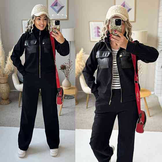 Жіночий стильний костюм-двійка: кофта та штани вельвет на щільному флісі Чорній, 46/48 Одеса