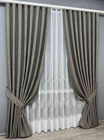 Комплект штор VR-Textil Лен ALORA-TON 150х270 2шт и Тюль 400х270 1871ш-1708т Серый с белым 71-203/3 Киев