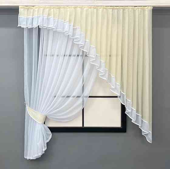 Кухонний комплект VR-Textil № 062к шторка з ламбрекеном Бежевий з білим 150х170 см (50-247) Київ