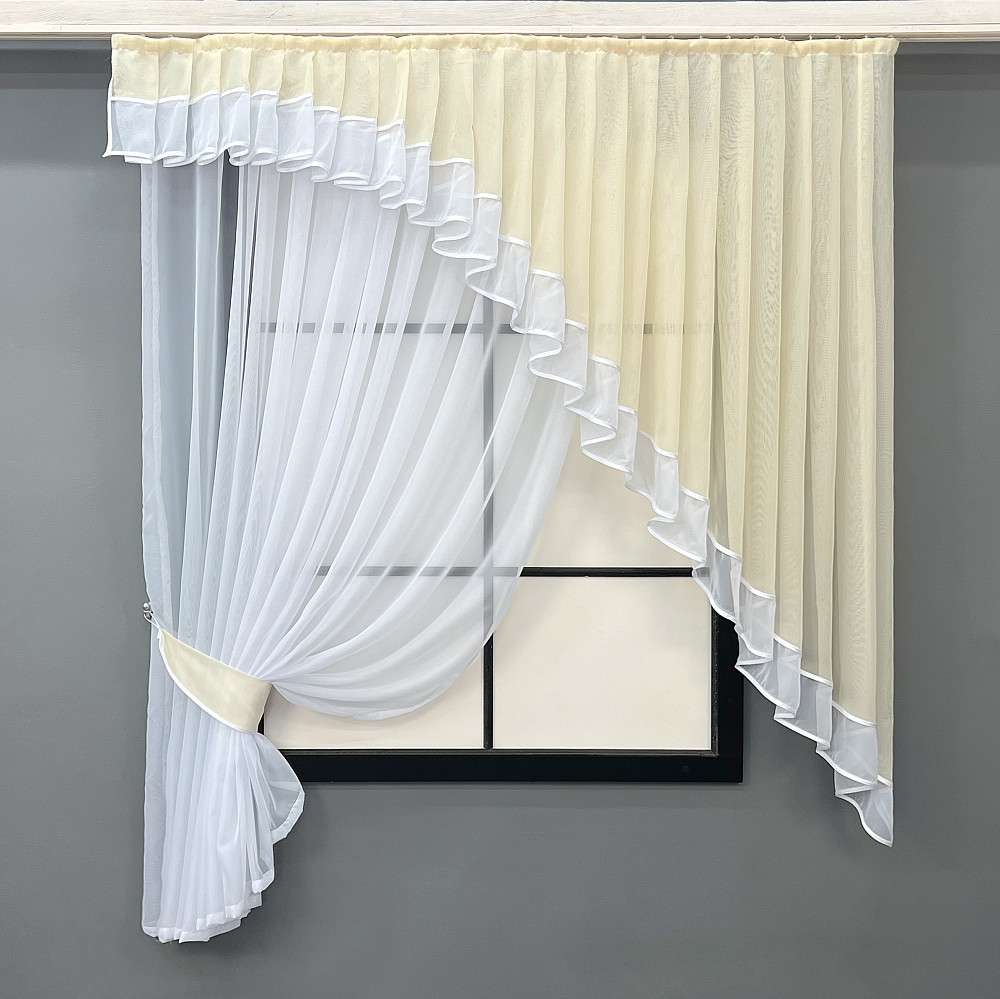 Кухонний комплект VR-Textil № 062к шторка з ламбрекеном Бежевий з білим 150х170 см (50-247) Київ - фото 1