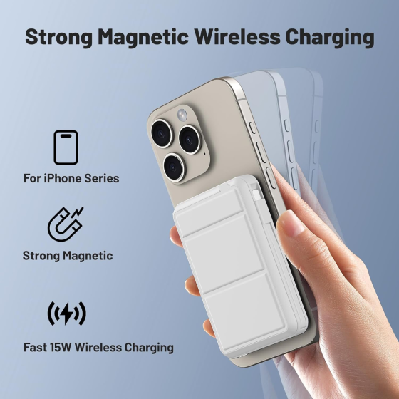 Магнітний повербанк Azmuth Power Bank 10000 mAh Бездротова швидка зарядка MagSafe для iPhone зі складним тримачем, Білий Київ