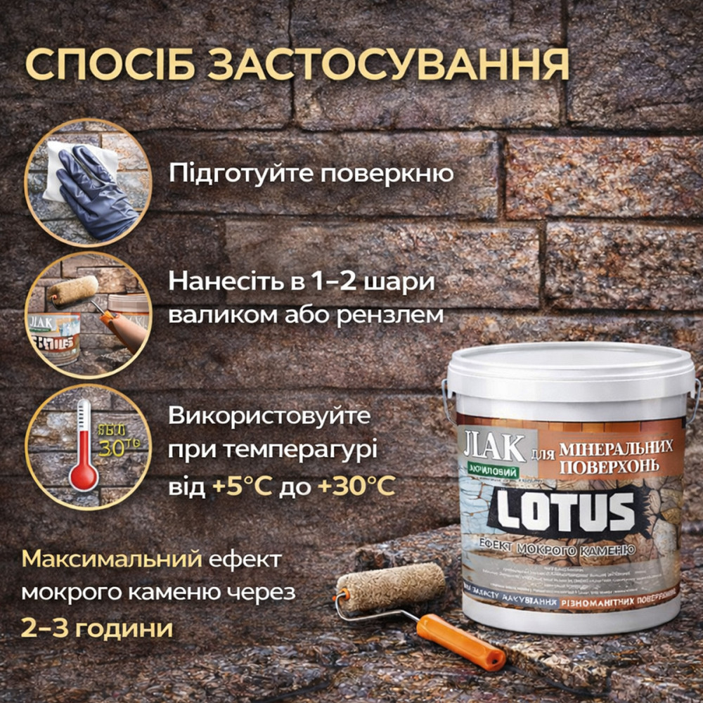 Фасадний лак для каменю та цегли LOTUS «Мокрий камінь» глянцевий акриловий прозорий для фасаду, бетону та дерева 10 л Харків - фото 7