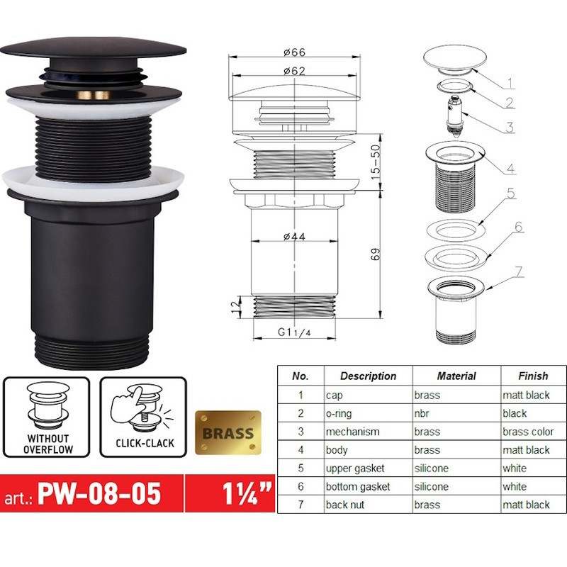 Донный клапан для раковины Koer PW-08-05 1 1/4'' без перелива автоматический СLICK-СLACK (Цвет черный) (KR5789) Киев - изображение 10