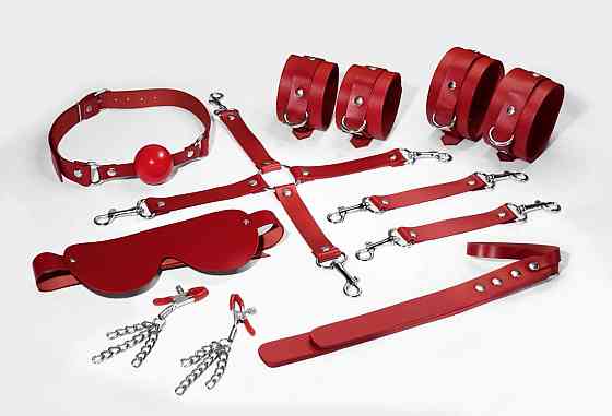 Набір Feral Feelings BDSM Kit 7 Red, наручники, поножі, конектор, маска, падл, кляп, затискачі Sex Aura Київ