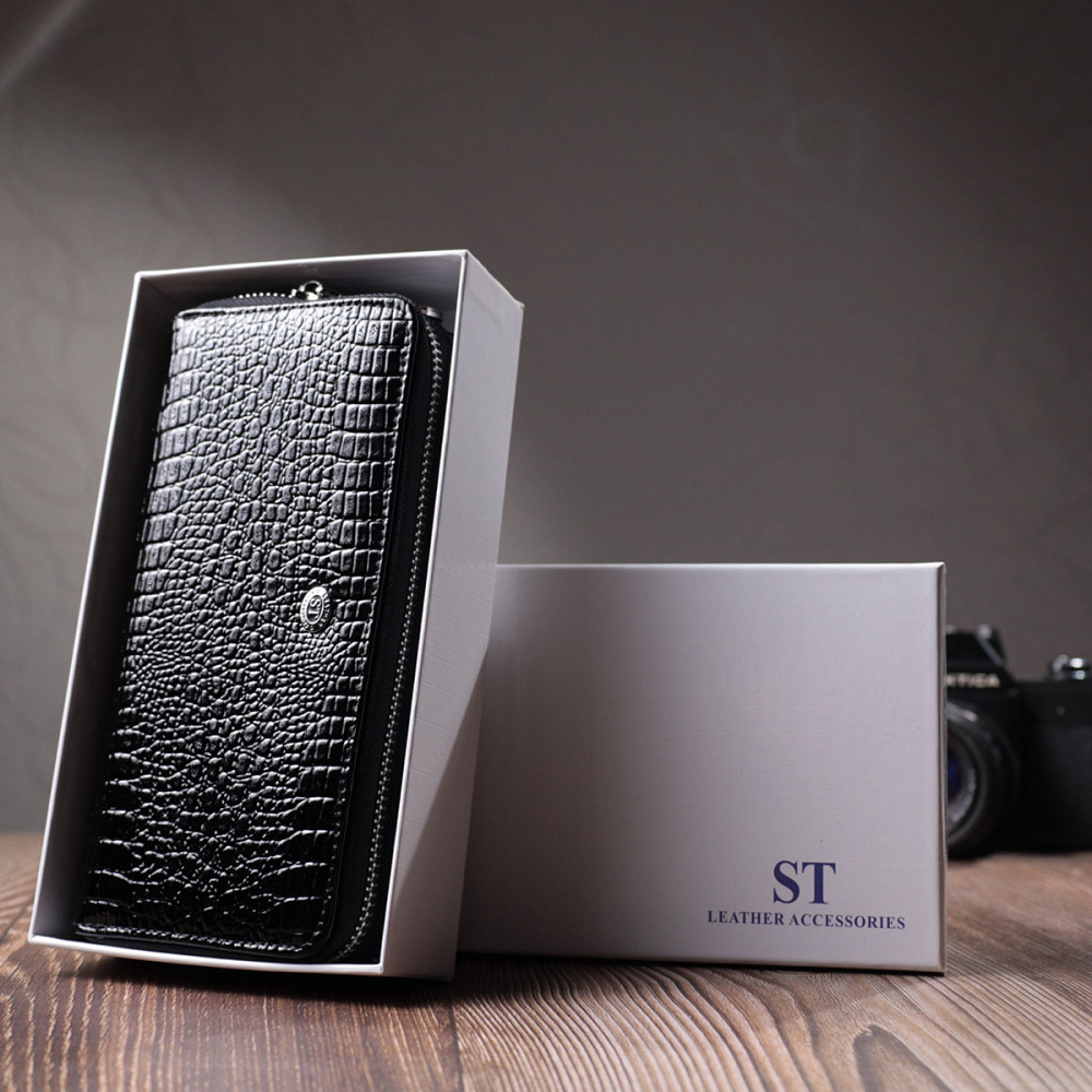 Стильний фактурний клатч на два відділення із лакованої натуральної шкіри ST Leather 22693 Чорний Київ - фото 1