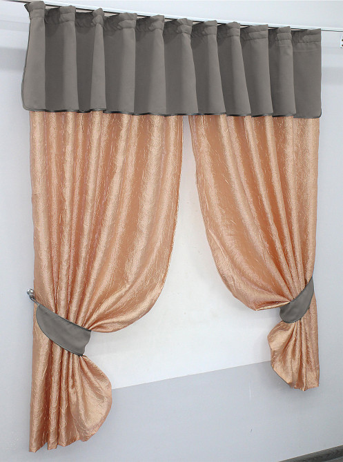 Кухонные шторы VR-Textil № 073к с ламбрекеном и подхватами персиковый со светло-серым 275х170 см (52-0137) Киев - изображение 2