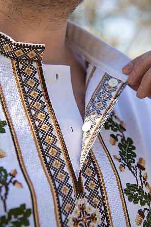 Вышиванка мужская, льняная, с длинным рукавом, белая, лен   , топ Киев