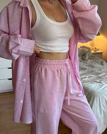 Женский стильный повседневный костм двойка лен- коттон полоска Одесса