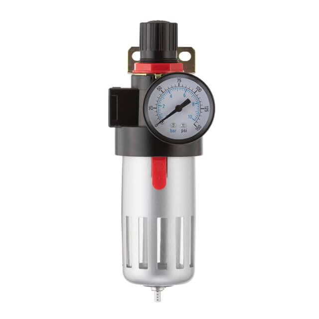 Фільтр для очищення повітря 1/2", 20 мкм, до 1200 л/хв, до 12 атм, металевий захист колби, регулятор тиску INTERTOOL PT-1410 Київ - фото 1