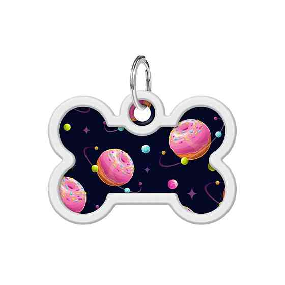Адресник для собак і котів металевий WAUDOG Smart ID з QR паспортом, малюнок "Всесвітня пончиків", кістка, Вінниця