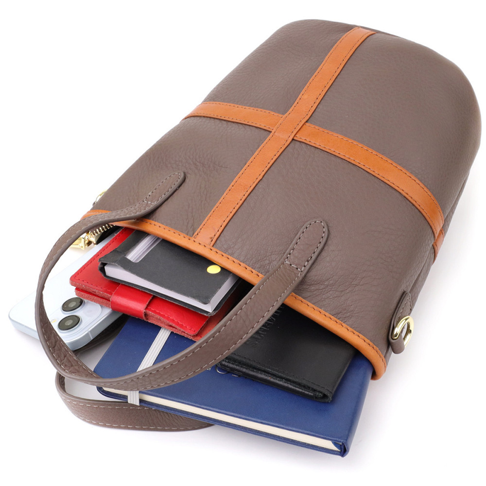 Жіноча шкіряна сумка з коричневою вставкою на лицьовій стороні Vintage 22999 Бежево-сірий Київ - фото 8